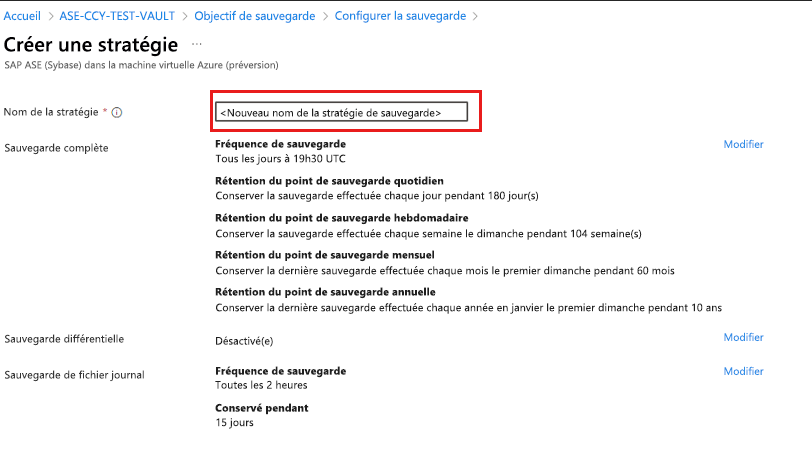 Capture d’écran montrant comment fournir un nom pour la nouvelle stratégie de sauvegarde.
