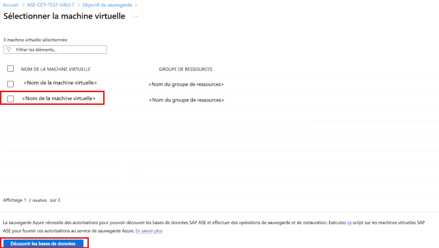Capture d’écran montrant comment sélectionner une base de données pour la configuration de sauvegarde dans la liste de découverte.