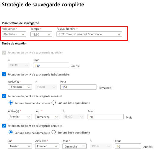 Capture d’écran montrant la configuration des règles de sauvegarde.
