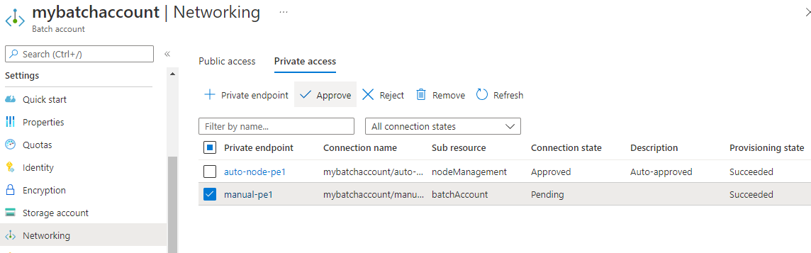 Capture d’écran de la gestion des connexions de points de terminaison privés.