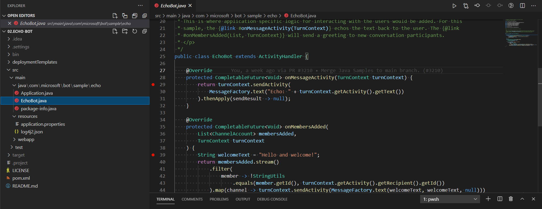 Capture d’écran d’un jeu de points d’arrêt Java dans Visual Studio Code.