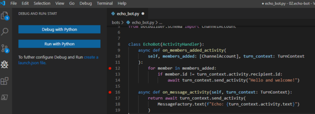 Capture d’écran d’un jeu de points d’arrêt Python dans Visual Studio Code.