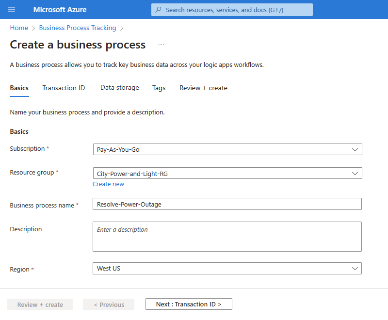Capture d’écran montrant la page Créer un processus métier avec l’onglet Informations de base sélectionné.