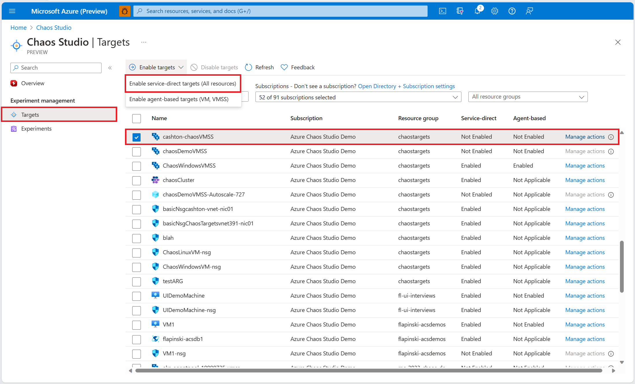 Capture d’écran montrant l’écran Cibles dans Chaos Studio, avec la ressource de groupe de machines virtuelles identiques sélectionnée.
