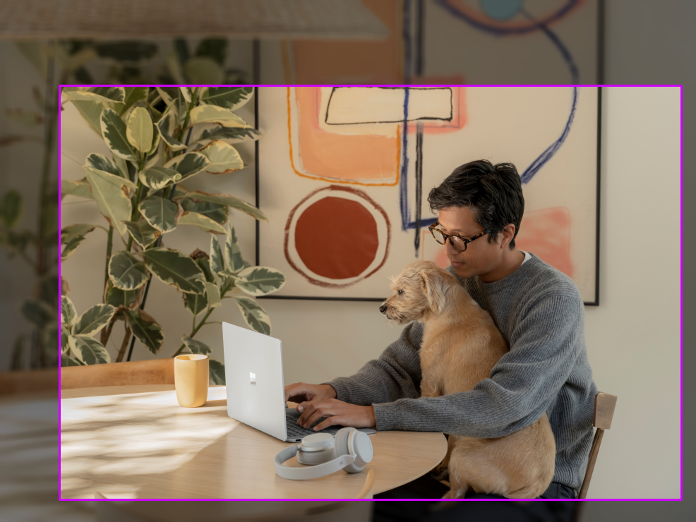 Photo d’un homme avec un chien à une table. Un cadre englobant avec une proportion de 1,5 est dessiné.