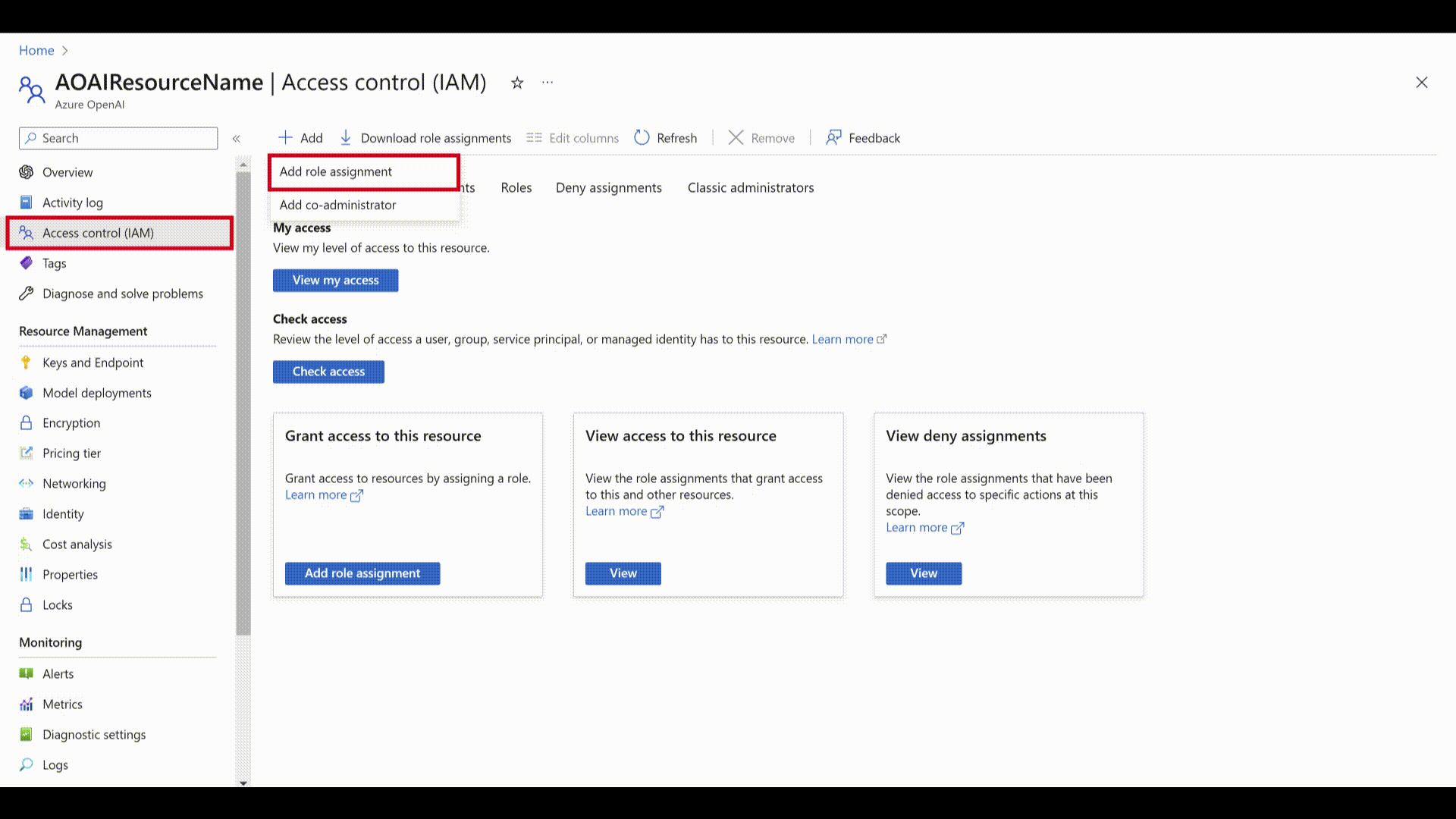 Différentes captures d’écran montrant les étapes à suivre pour ajouter le rôle nécessaire à votre ressource Azure OpenAI.