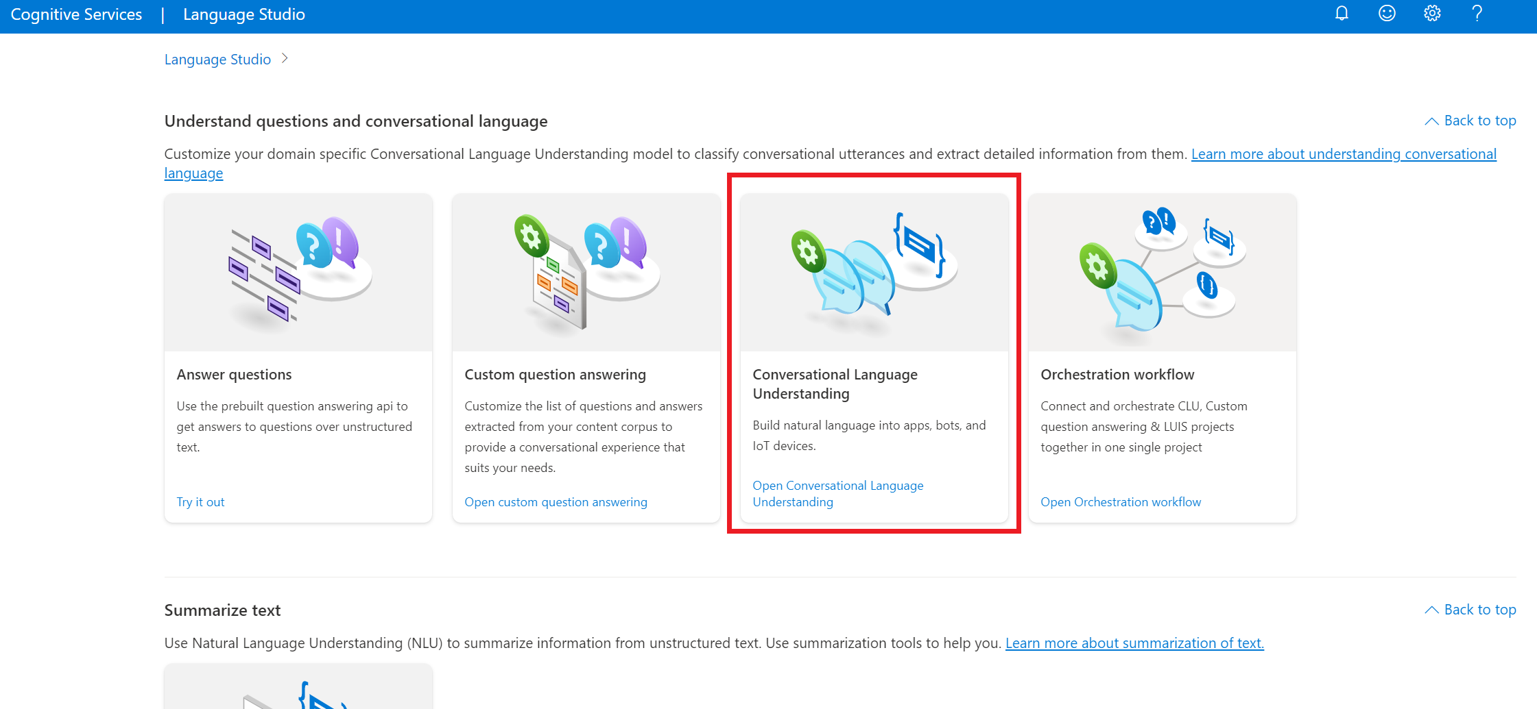 Capture d’écran montrant l’emplacement de Custom Language Understanding dans la page d’arrivée de Language Studio.