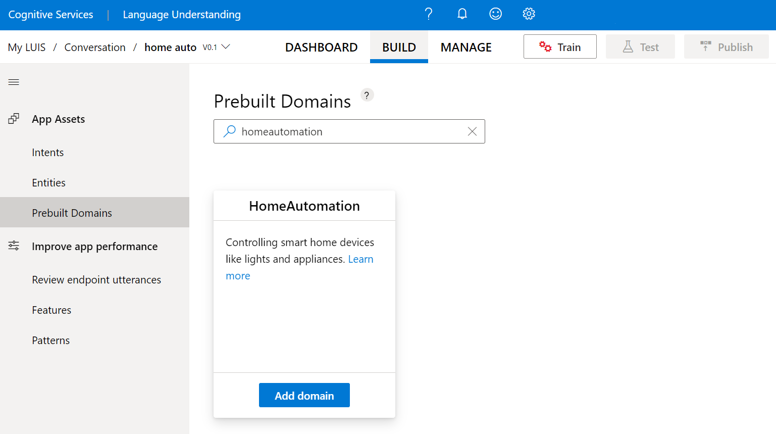 Sélectionnez « Domaines prédéfinis », puis recherchez « HomeAutomation ». Sélectionnez « Ajouter un domaine » sur la carte « HomeAutomation ».