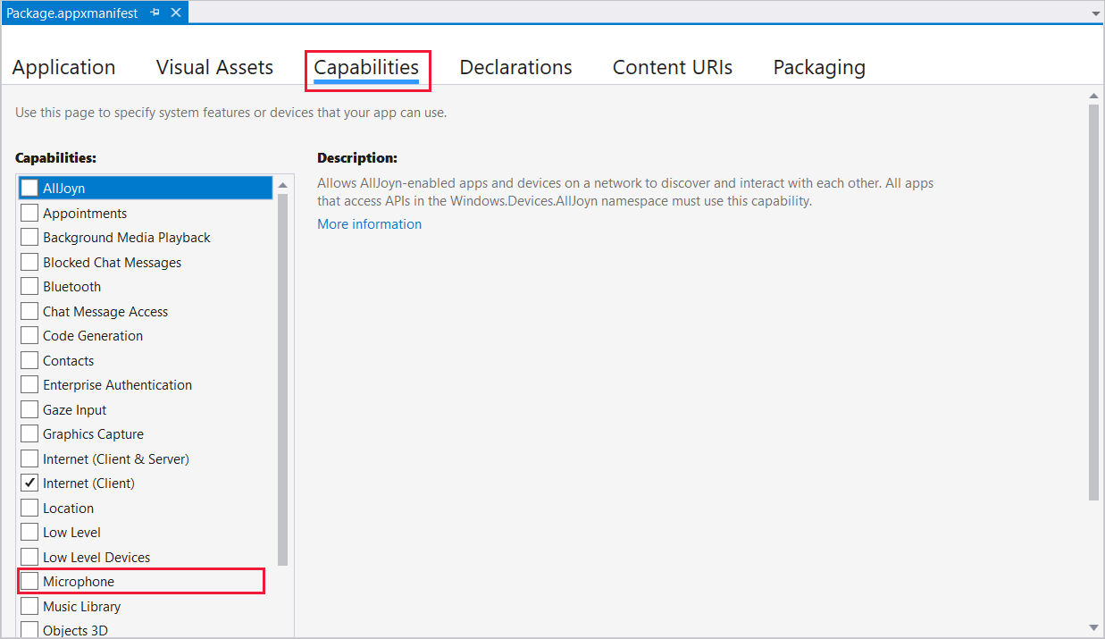 Capture d’écran de Visual Studio montrant l’onglet Fonctionnalités du manifeste de l’application de package.