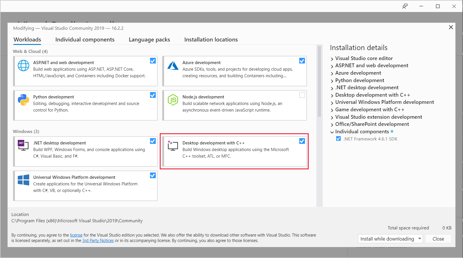 Capture d’écran montrant l’onglet Charges de travail de la boîte de dialogue Modification de Visual Studio Installer.