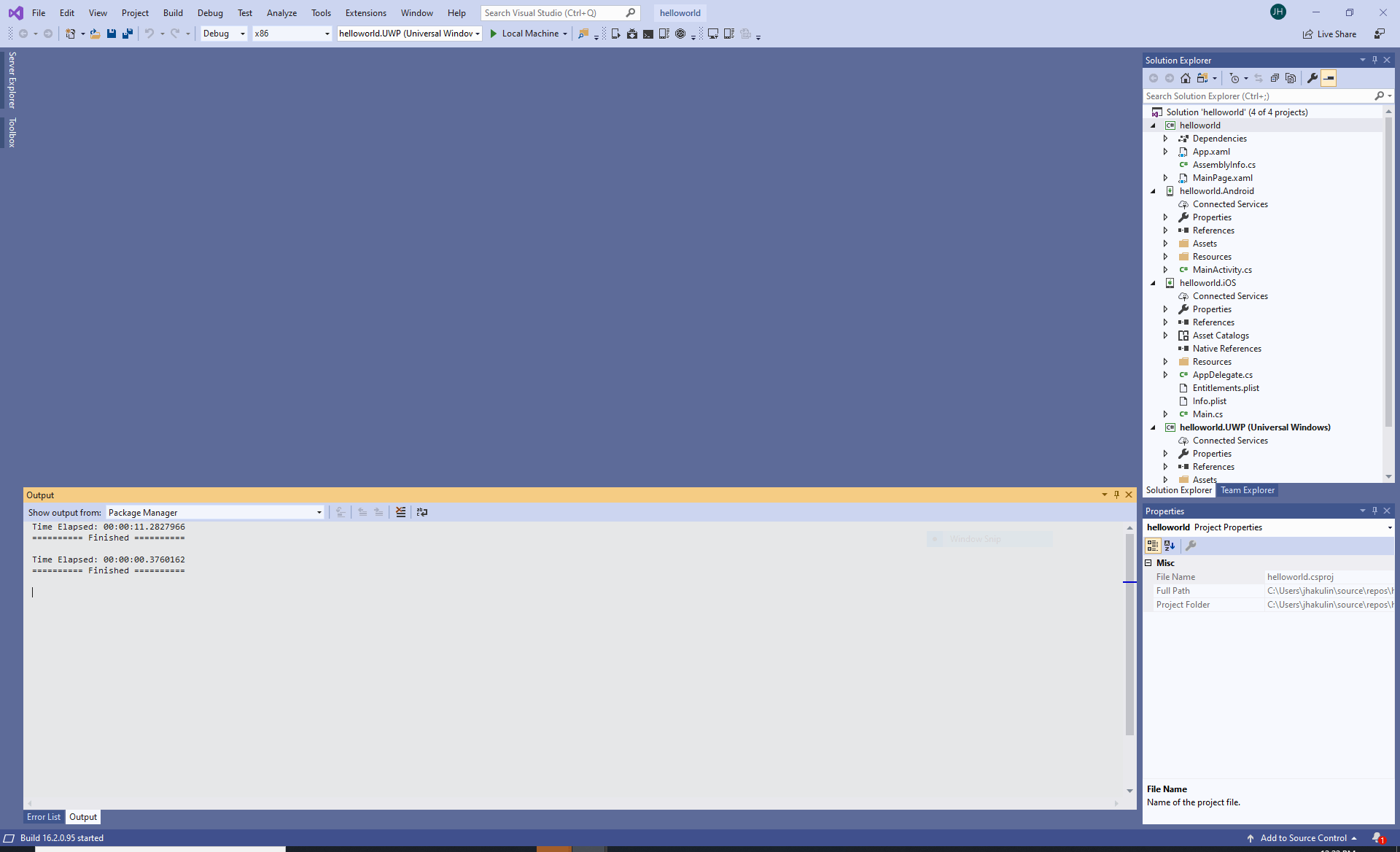 Capture d’écran montrant le projet helloworld visible dans Visual Studio.