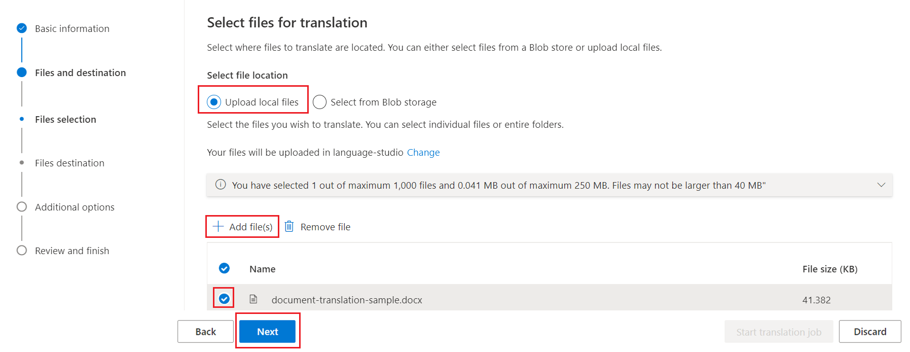 Capture d’écran de la page Sélectionner les fichiers pour la traduction.