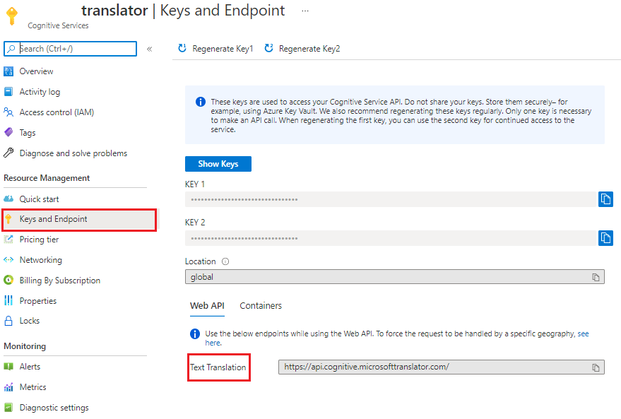 Capture d'écran : Page des clés et des points de terminaison du portail Azure.