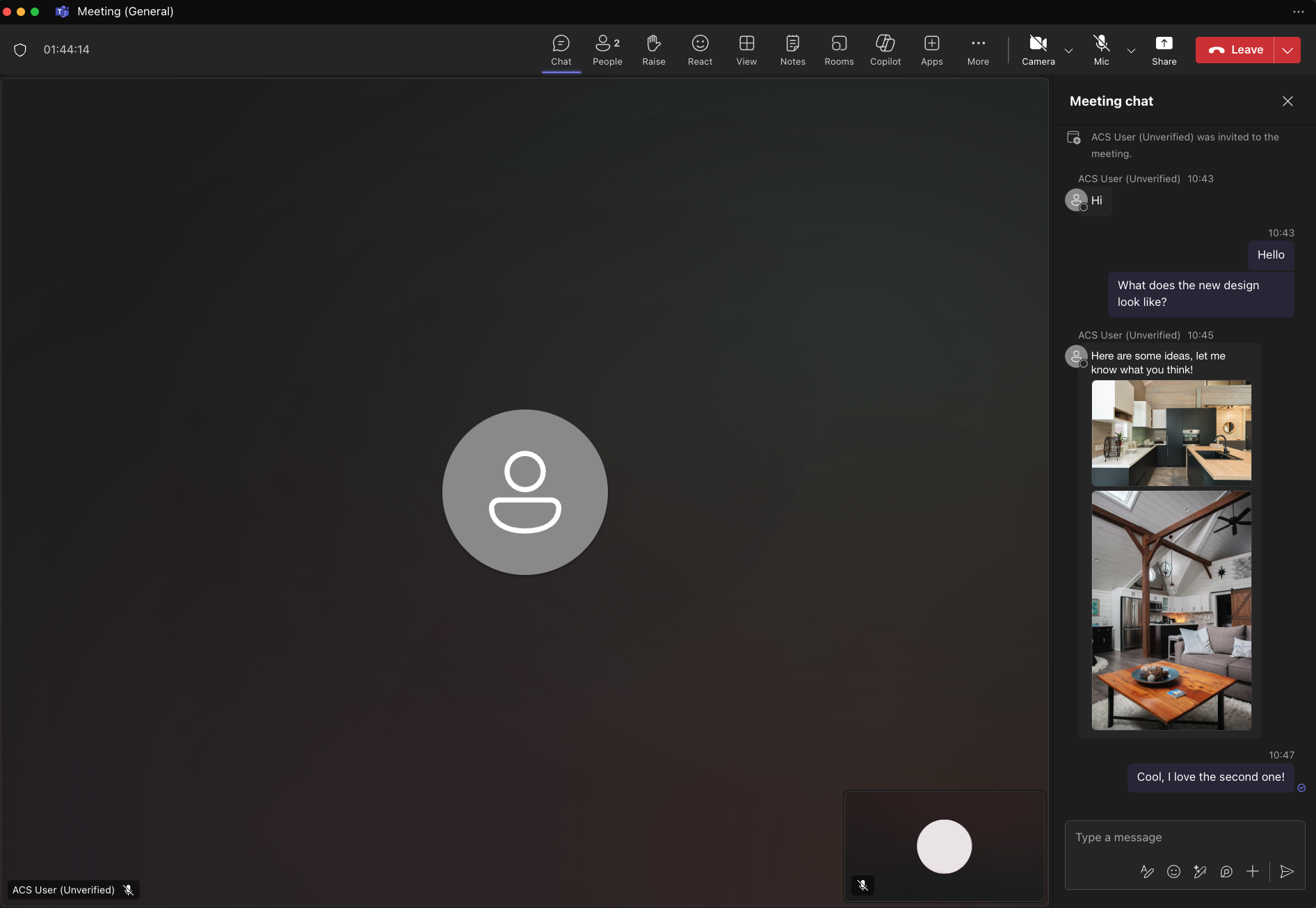 Capture d’écran montrant un client Teams recevant deux images incorporées. « Capture d’écran montrant un client Teams recevant deux images incorporées. »