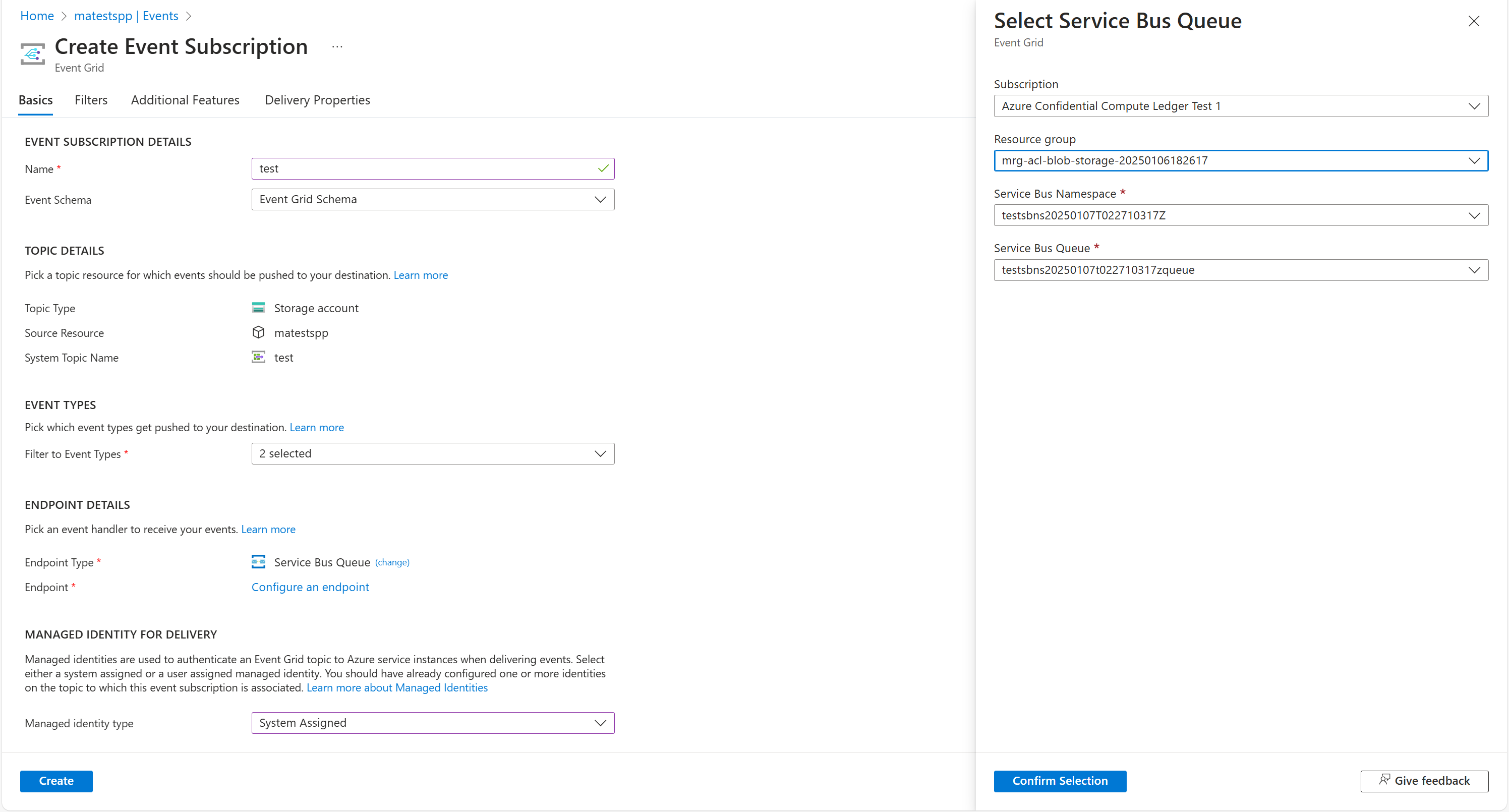 Capture d’écran du portail Azure dans un navigateur web, montrant comment configurer un abonnement aux événements de stockage.