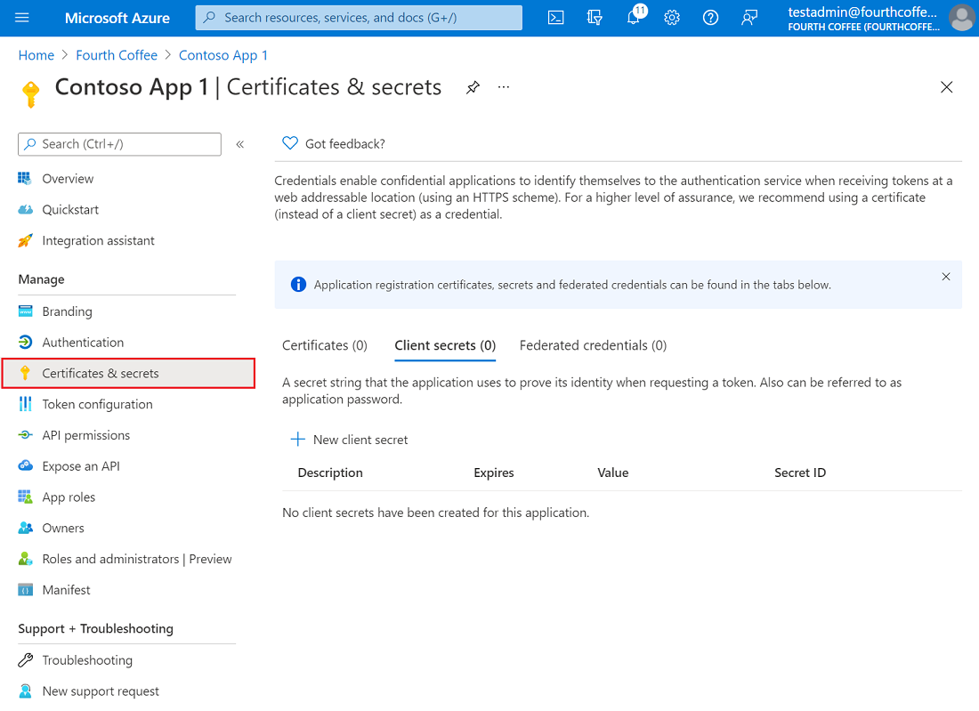 Capture d’écran du portail Azure montrant le volet Certificats et secrets dans une inscription d’application.