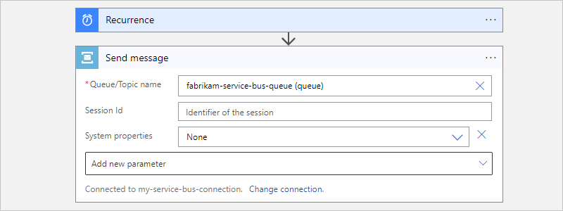 Capture d’écran montrant le workflow Consommation, l’action Service Bus et l’exemple d’informations d’action.