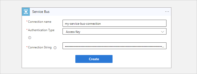 Capture d’écran montrant le workflow Consommation, le déclencheur Service Bus et l’exemple d’informations de connexion.