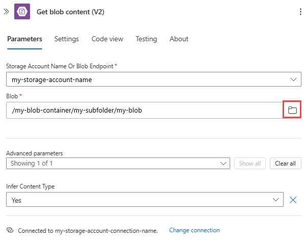 Screenshot showing Consumption workflow with Blob action setup for subfolder.