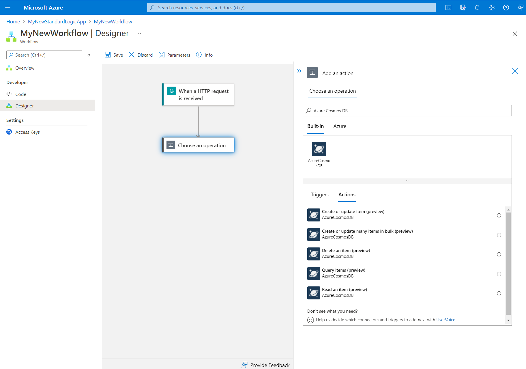 Capture d’écran montrant le concepteur pour un flux de travail d’application logique Standard et les actions Azure Cosmos DB disponibles.