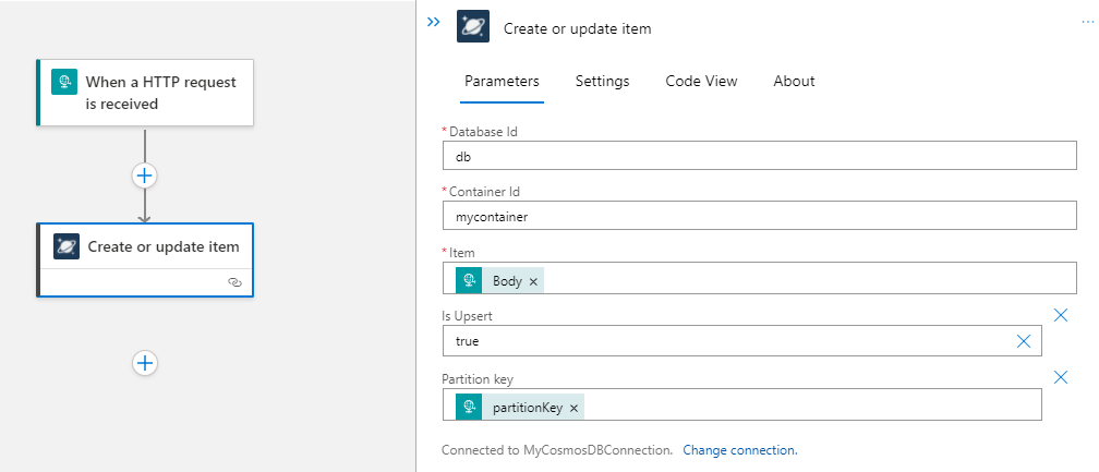 Capture d’écran montrant le concepteur pour un flux de travail d’application logique Standard avec l’action Azure Cosmos DB « Créer ou mettre à jour l’élément » et la configuration des paramètres.