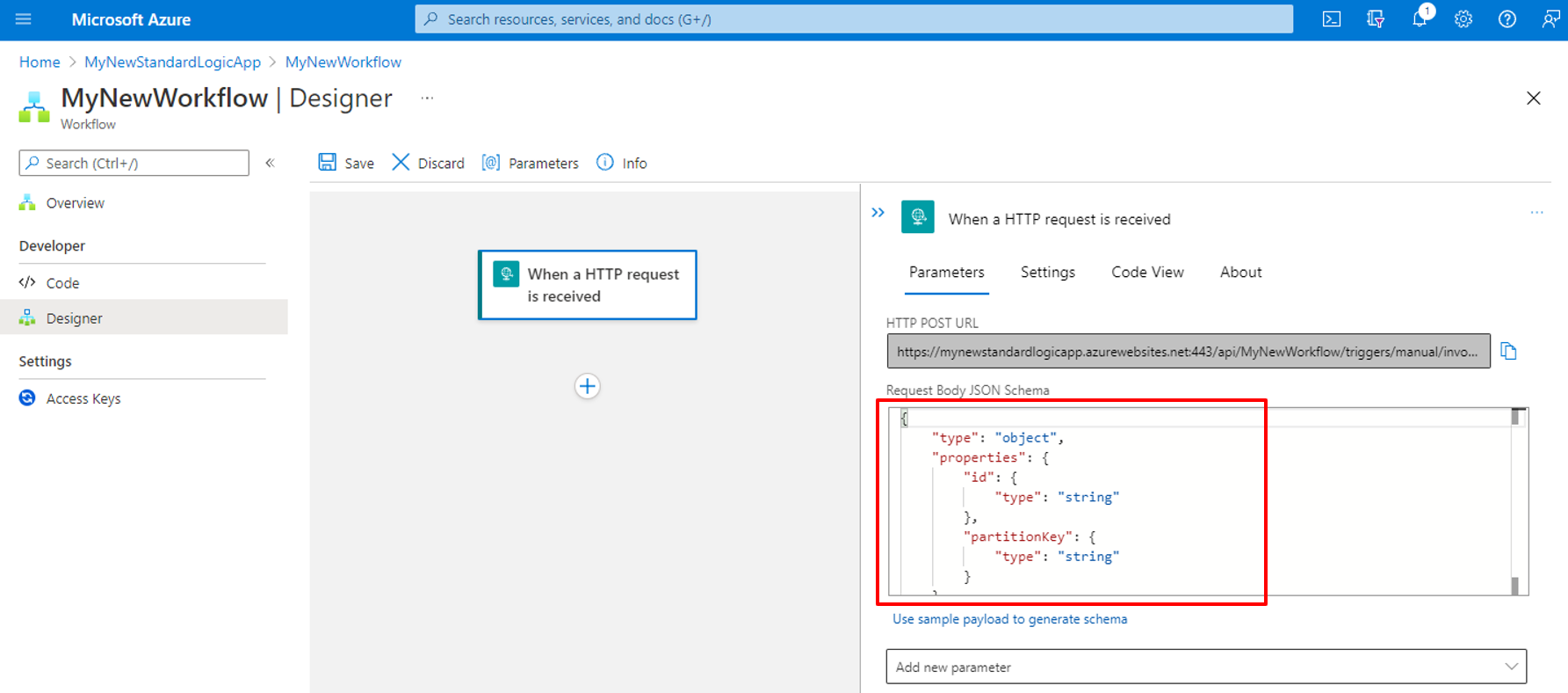 Capture d’écran montrant le portail Azure et le concepteur pour un flux de travail d’application logique Standard avec le déclencheur « Lors de la réception d’une requête HTTP » et la configuration des paramètres.