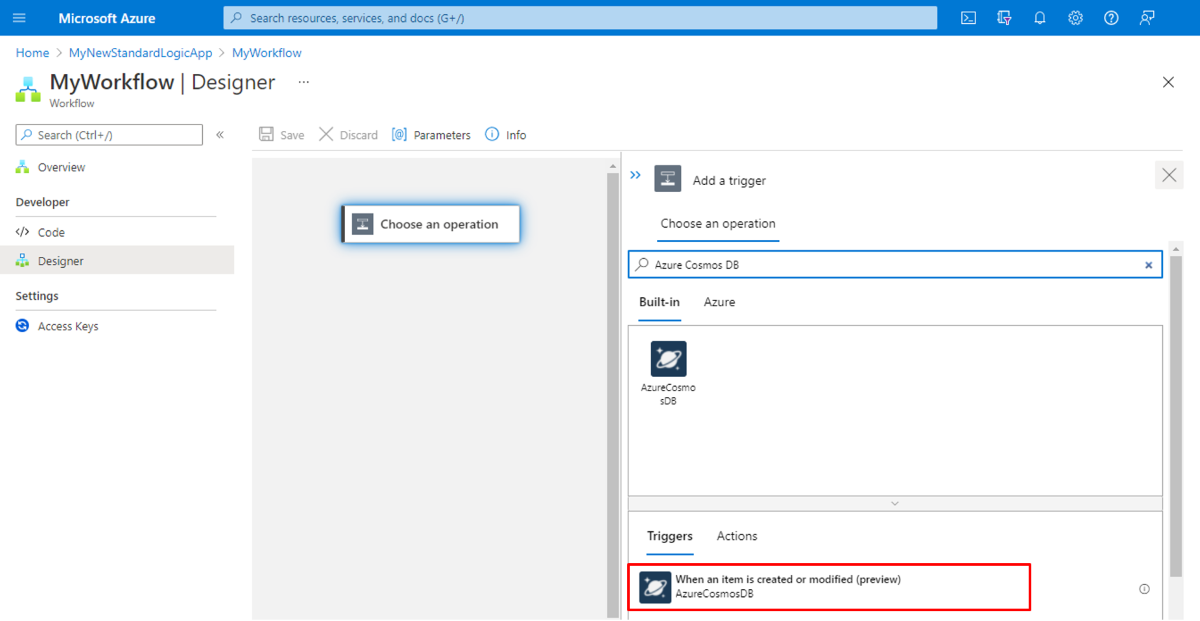 Capture d’écran montrant le portail Azure et le concepteur pour un flux de travail d’application logique Standard avec le déclencheur nommé « Lors de la création ou de la modification d’un élément (préversion) » sélectionné.