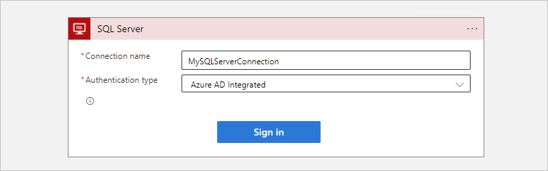 Capture d’écran montrant le portail Azure, le flux de travail Consommation et les informations de connexion cloud SQL Server avec le type d’authentification sélectionné.