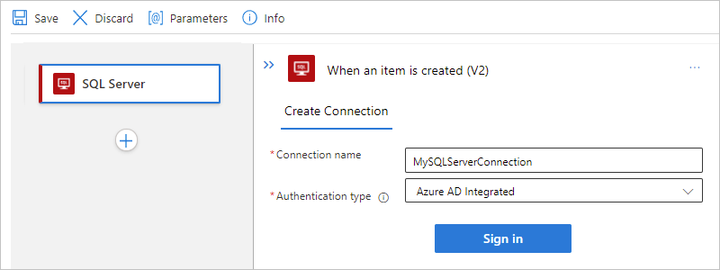 Capture d’écran montrant le portail Azure, le flux de travail Standard et les informations de connexion cloud SQL Server avec le type d’authentification sélectionné.