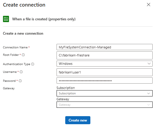 Capture d’écran montrant le concepteur de workflow Consommation et les informations de connexion pour le déclencheur du connecteur managé Système de fichiers.