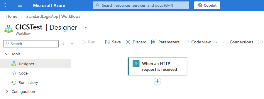 Screenshot shows Azure portal, Standard workflow designer, and Request trigger.