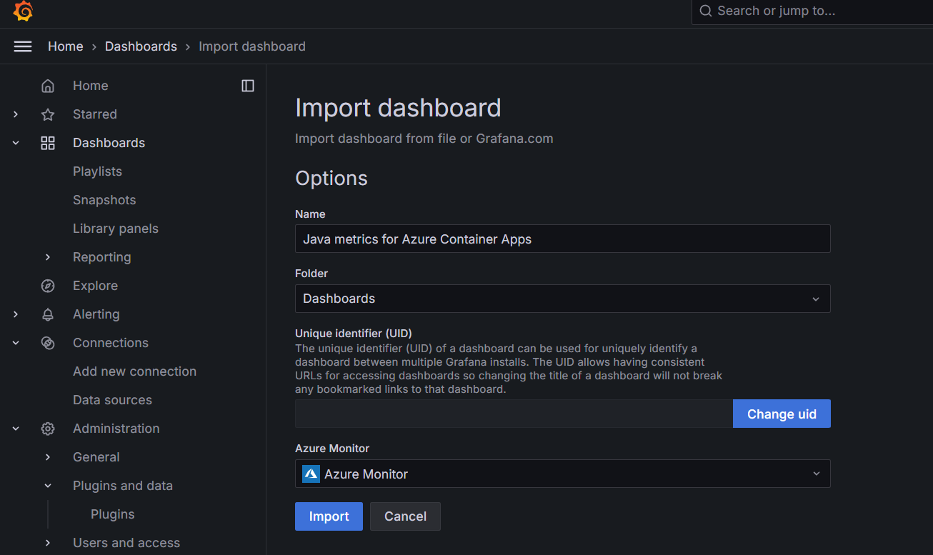 Capture d’écran de l’importation du tableau de bord des métriques Java pour Azure Container Apps.