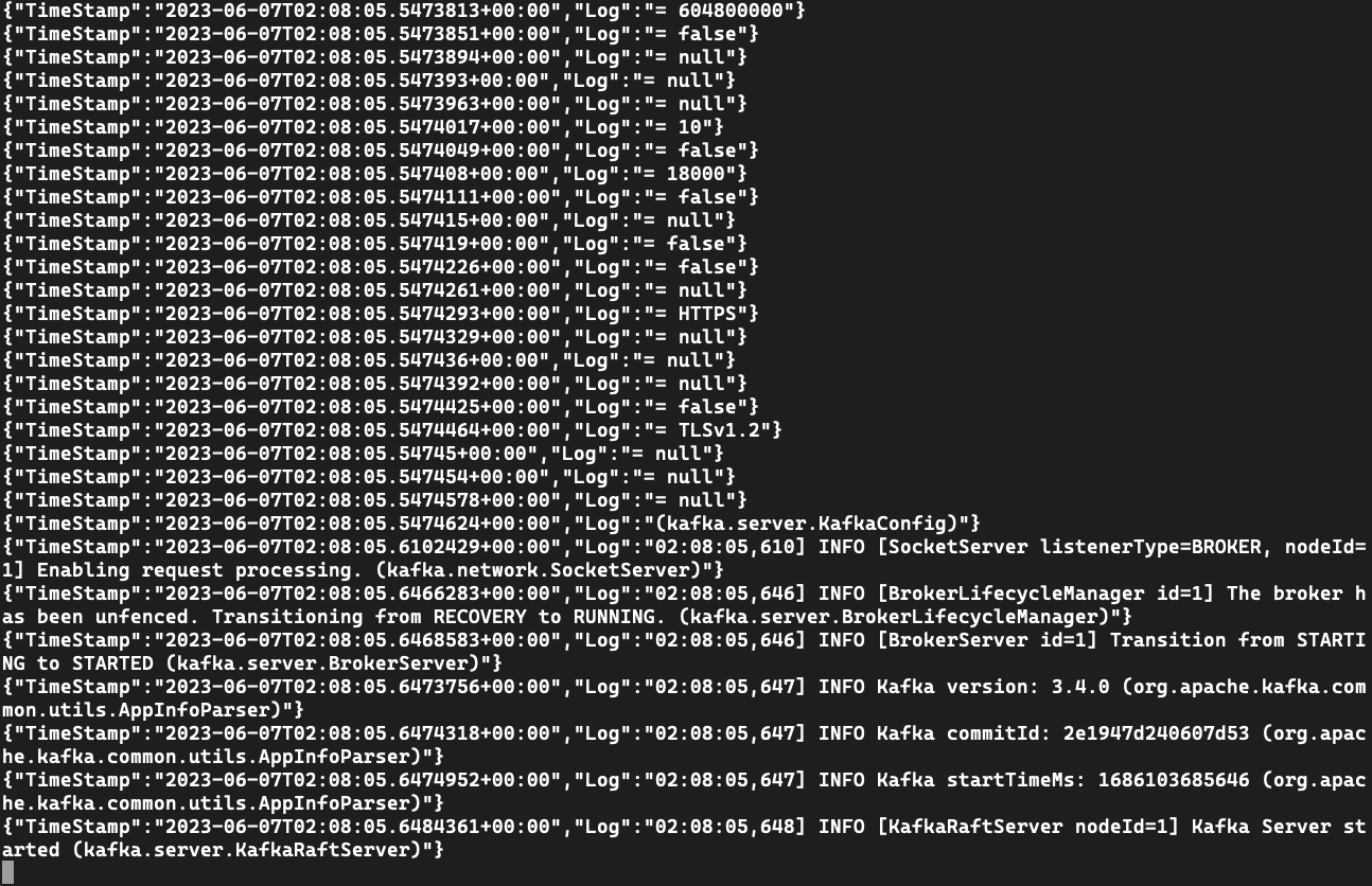 Capture d’écran des journaux du service Kafka d’une application de conteneur.