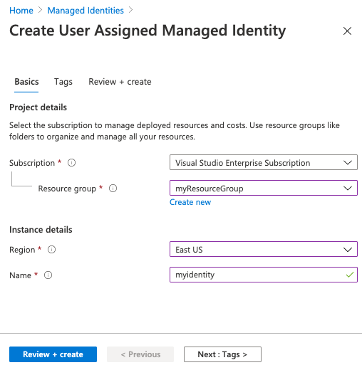 Capture d’écran des options de création d’une identité affectée par l’utilisateur dans le portail Azure.