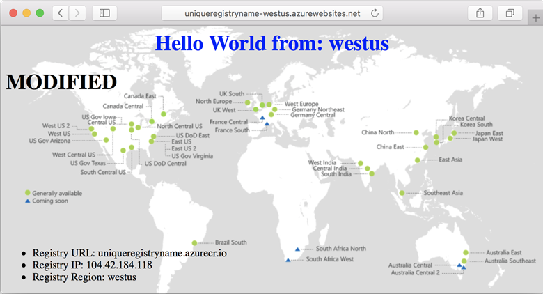Affichage du navigateur de l’application web modifiée en cours d’exécution dans la région USA Ouest