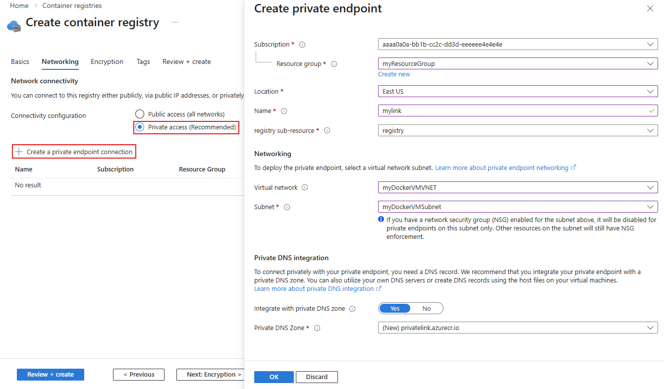 Capture d’écran montrant les options permettant de créer un point de terminaison privé pour un nouveau registre de conteneurs Azure.