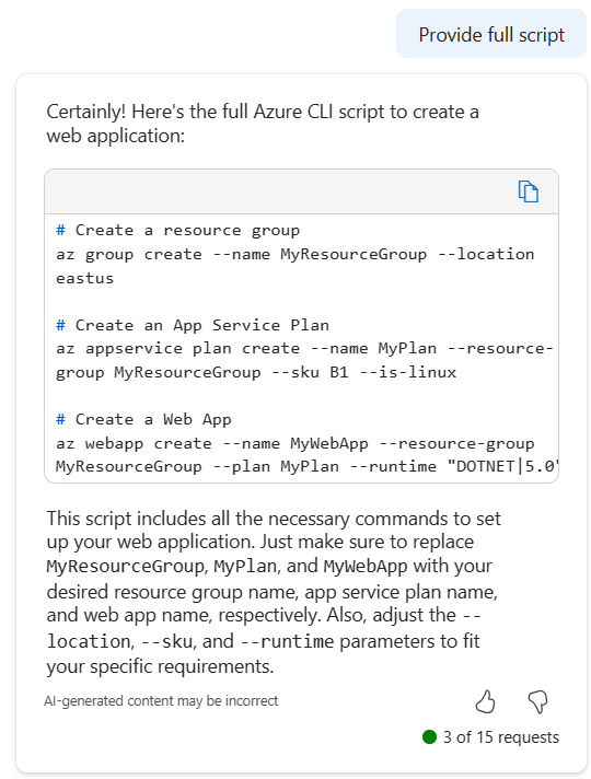 Capture d’écran de Microsoft Azure Copilot fournissant un script Azure CLI complet pour créer une application web.