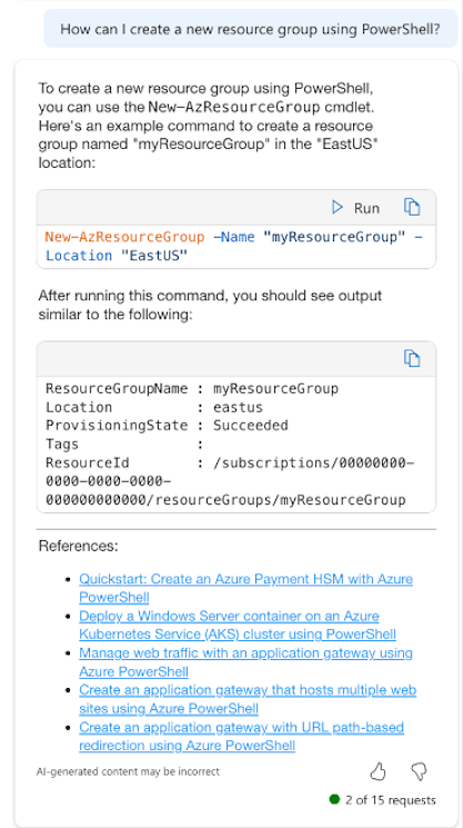 Capture d’écran d’Azure Copilot fournissant la cmdlet PowerShell pour créer un groupe de ressources.