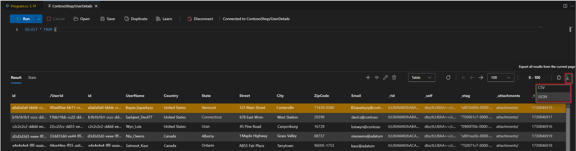 Capture d’écran des résultats d’exportation dans VS Code.