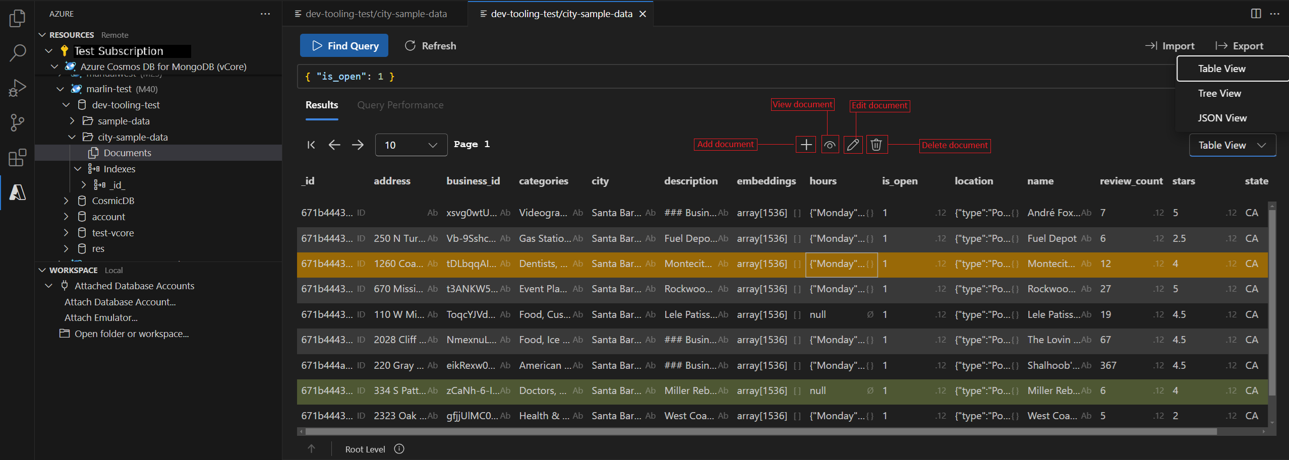 Capture d’écran de l’extension VS-code d’un cluster CosmosDB for MongoDB (vCore).