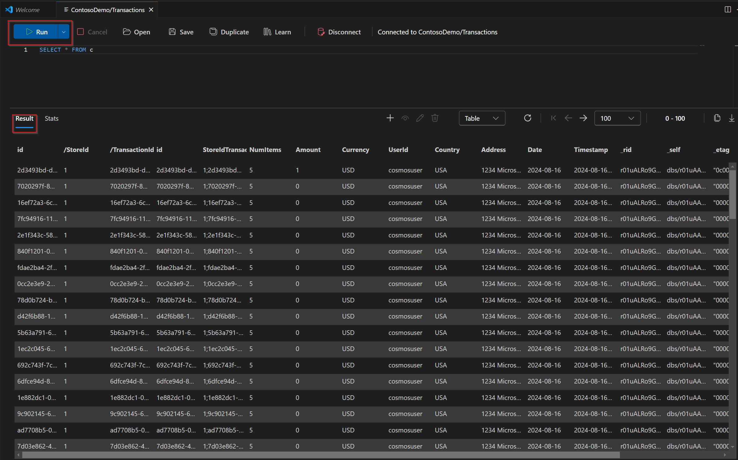 Capture d’écran des résultats de l’éditeur de requête dans VS Code.