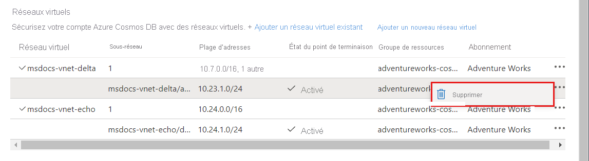 Screenshot of the menu option to remove an associated Azure Virtual Network.