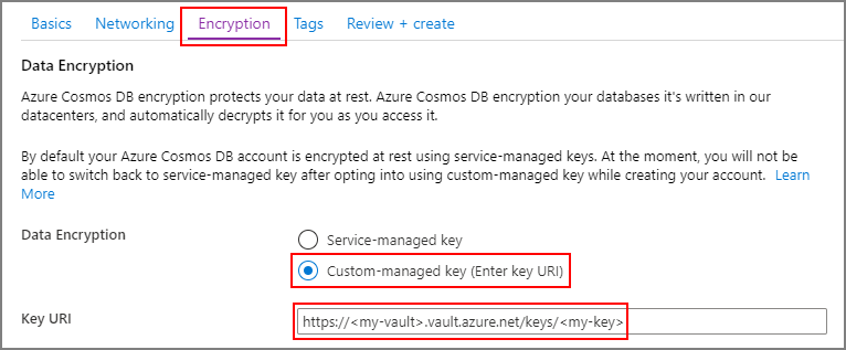 Screenshot of the Encryption page with a custom-managed key URI configured.