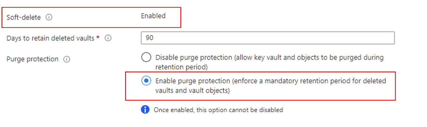 Screenshot of Azure Key Vault options including soft delete and purge protection.