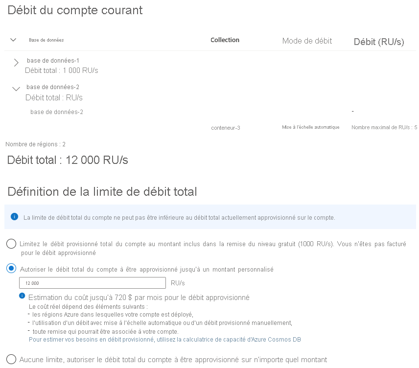 Capture d’écran du portail Azure montrant comment mettre à jour le débit total du compte sur un compte existant