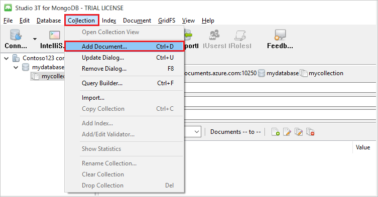 Capture d’écran de l’option Ajouter un document de Studio 3T