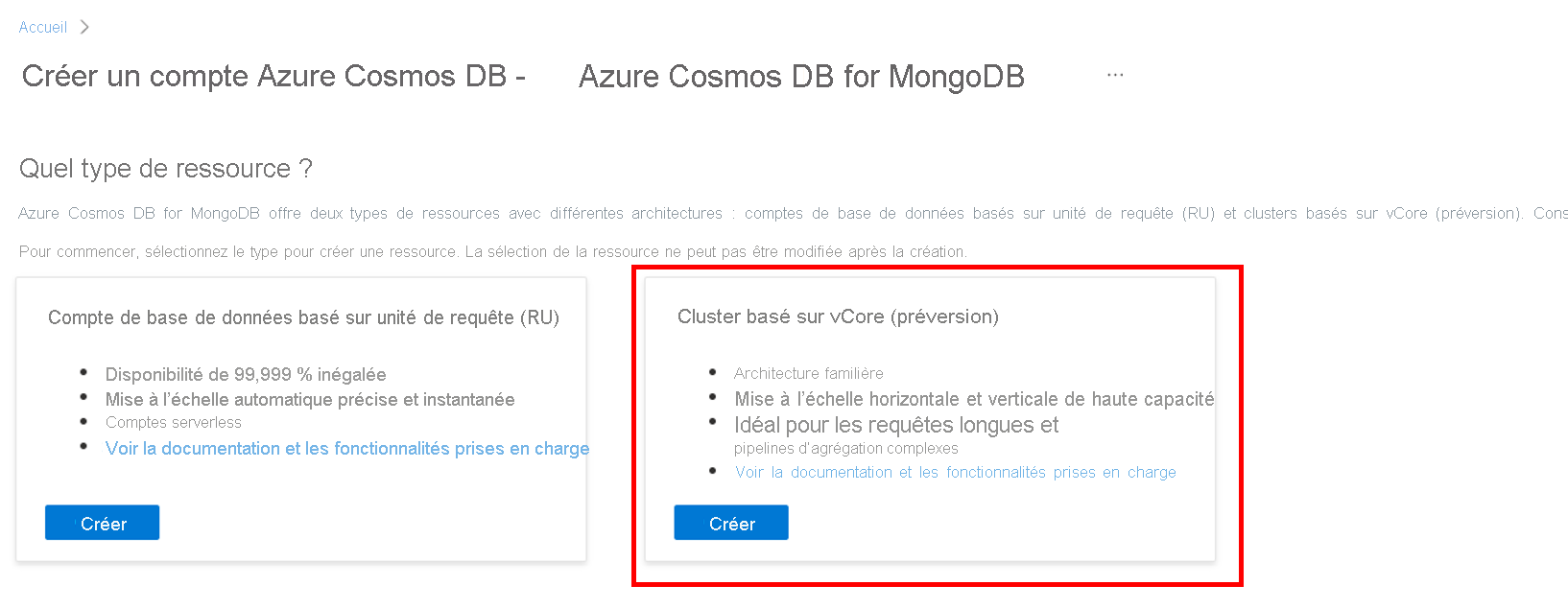 Screenshot of the select resource type option page for Azure Cosmos DB for MongoDB.