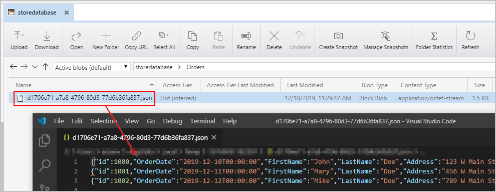 Capture d’écran montrant le fichier créé qui contient les objets JSON.