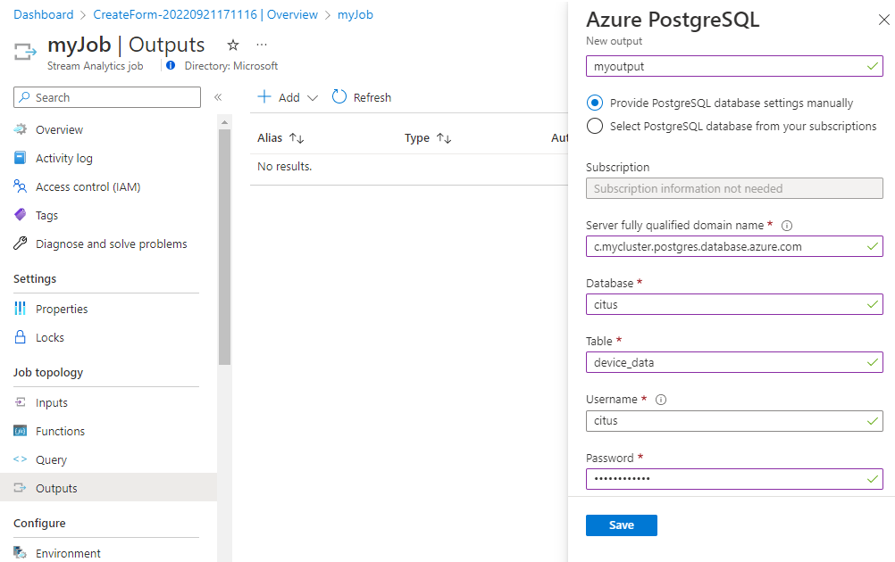 Configurer une sortie de travail dans Azure Stream Analytics.