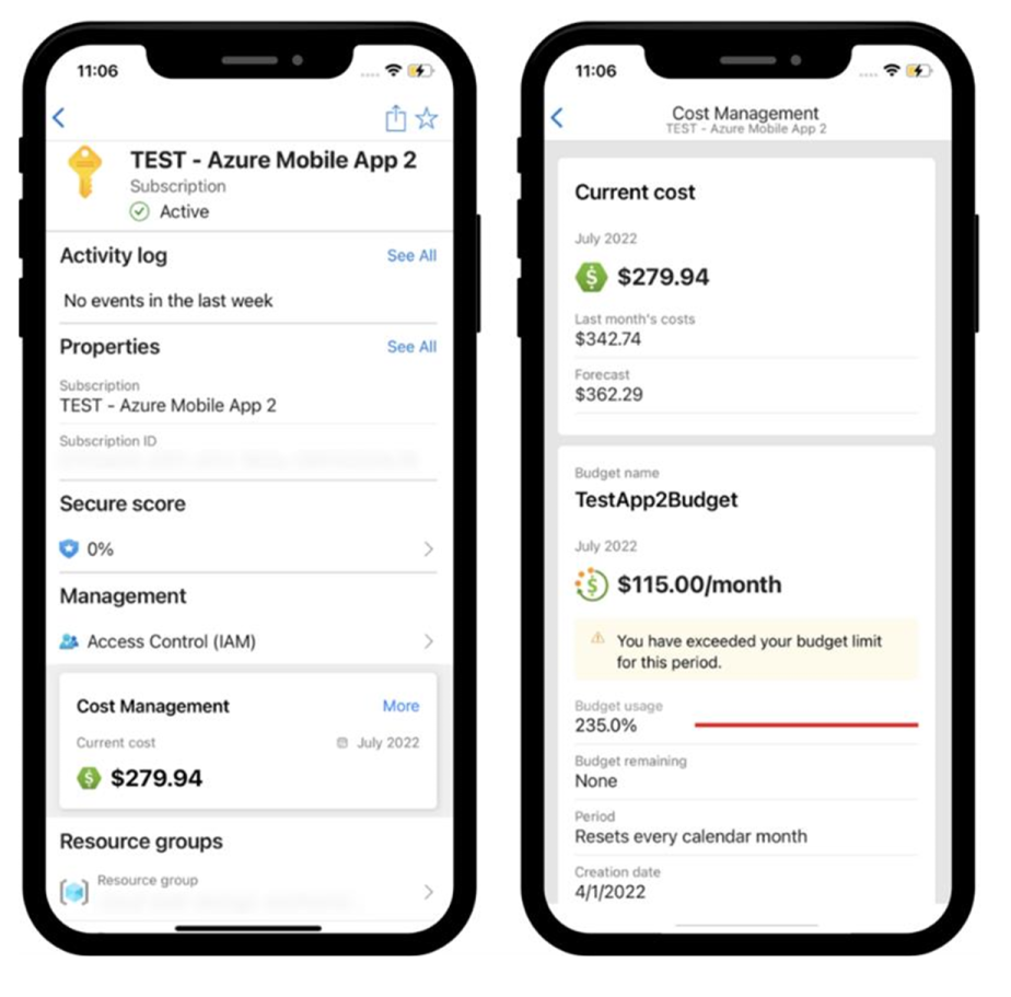 Capture d’écran montrant les budgets dans Azure mobile app.